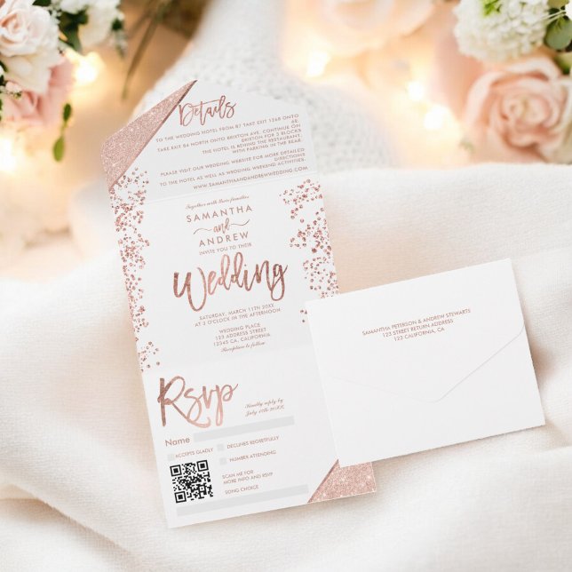 Rose Gold Glitzer Konfetti Weißer Chic Hochzeit All In One Einladung (Rose gold glitter confetti white chic wedding all in one invitation)