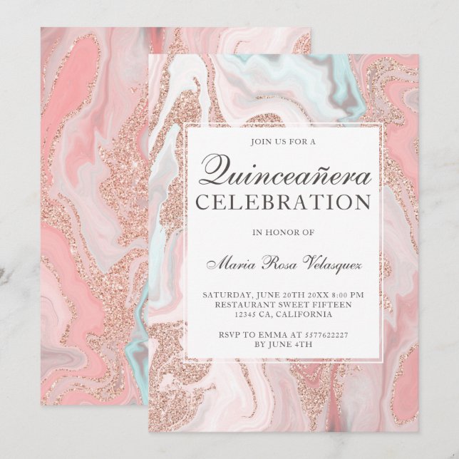 Rose Gold Glitzer Korallen Rosa Marmor Quinceanera Einladung (Vorne/Hinten)