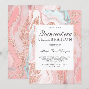Rose Gold Glitzer Korallen Rosa Marmor Quinceanera Einladung
