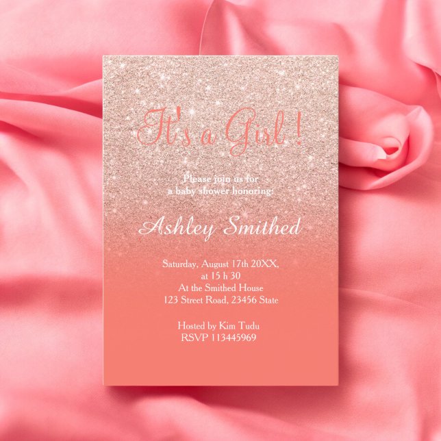 Rose Gold Glitzer Korallenbäume Mädchen Dusche Einladung (Rose gold glitter coral ombre girl baby shower invitation)