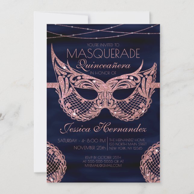 Rose Gold Glitzer Lace Masquerade Quinceañera Einladung (Vorderseite)