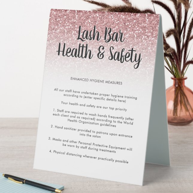 Rose Gold Glitzer Lash Covid Health Safety Poster Tischaufsteller (In Situ (Tisch))