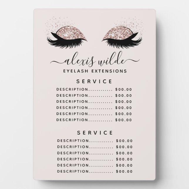 Rose Gold Glitzer Lashes Salon Price Menü Plaque Fotoplatte (Vorderseite)