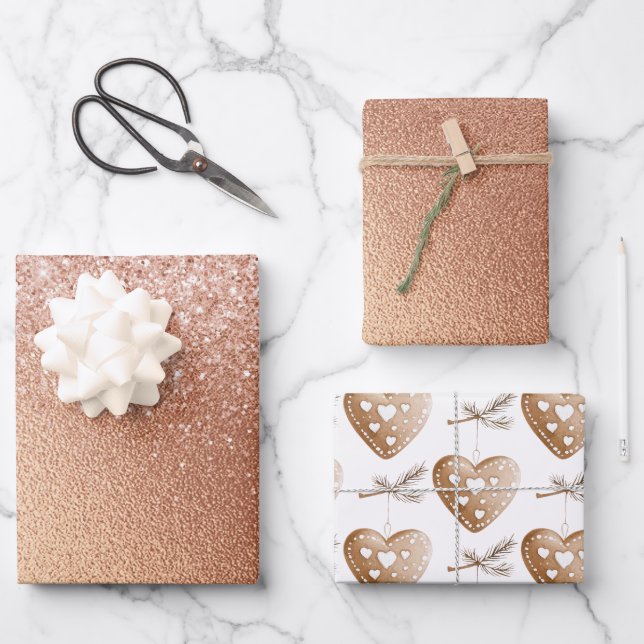 Rose Gold Glitzer Lebkuchen Herzstück Geburtstag Geschenkpapier Set (Vorderseite)