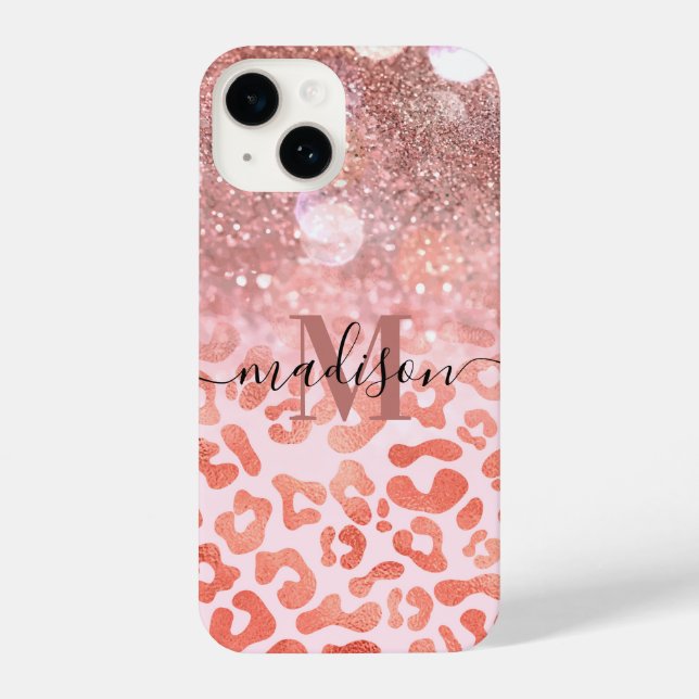 Rose Gold Glitzer Leopard Print iPhone 14 Hülle (Rückseite)