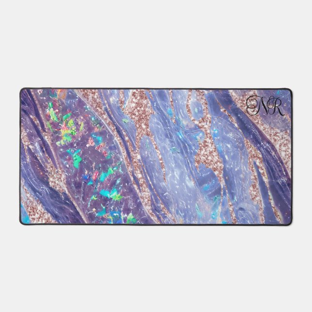 Rose Gold Glitzer Lila Opal Gem Marmormongramm Schreibtischunterlage (Vorderseite)