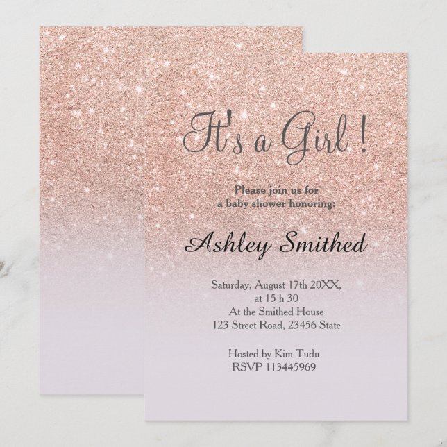 Rose Gold Glitzer lilac ombre Girl Dusche Einladung (Vorne/Hinten)