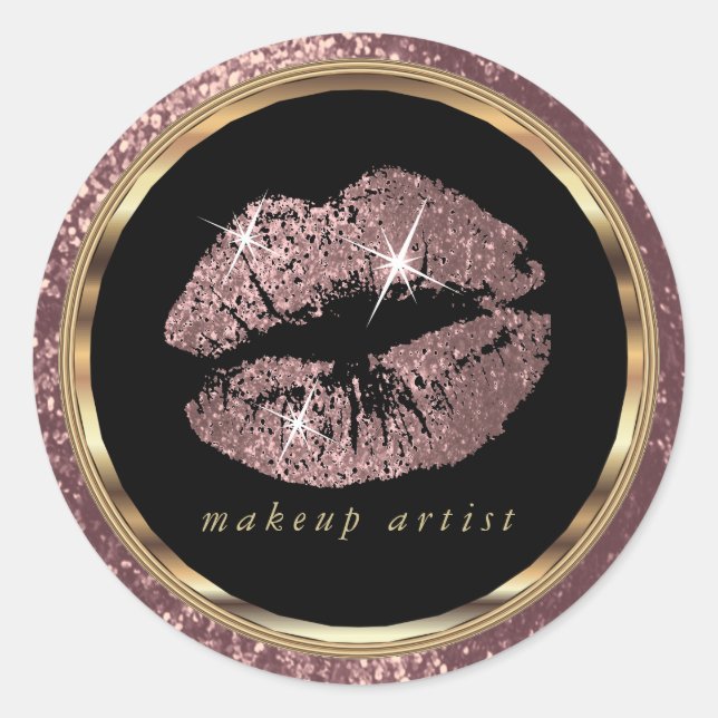 Rose Gold Glitzer Lippen mit Gold Schriftart Runder Aufkleber (Vorderseite)