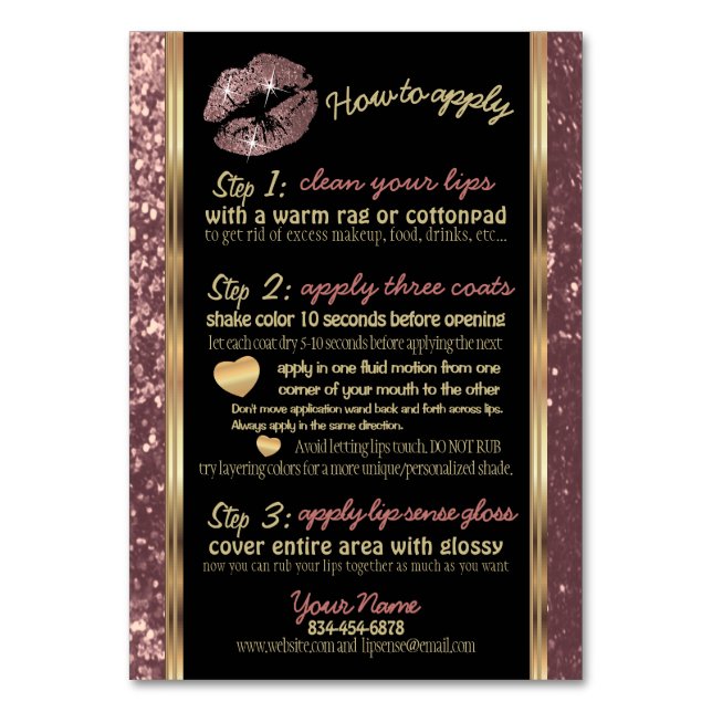 Rose Gold Glitzer Lipsense Senegence Instructions Tischnummer (Vorderseite)