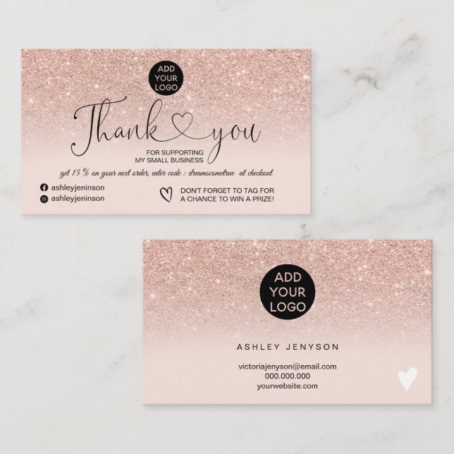 Rose Gold Glitzer Logo rot Rosa Reihenfolge danke Visitenkarte (Vorne/Hinten)