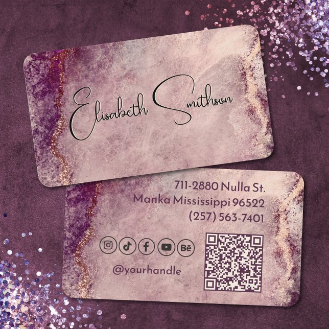 Rose Gold Glitzer Marble Social Media & QR Code Visitenkarte (Von Creator hochgeladen)