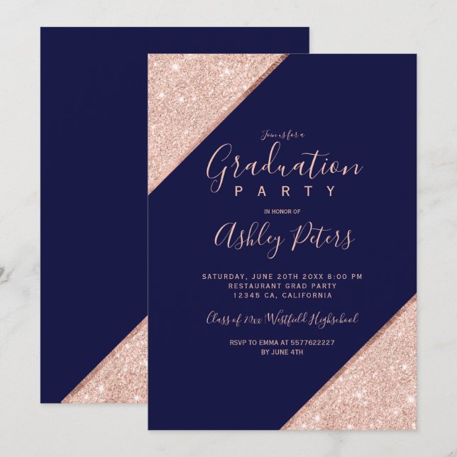 Rose Gold Glitzer Marine blaue Typografie Abschlus Einladung (Vorne/Hinten)