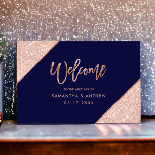 Rose Gold Glitzer Marineblau Hochzeitsempfang Poster