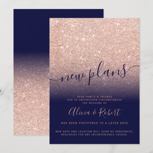 Rose Gold Glitzer Marineblau verschoben neue Pläne Einladung (Vorne/Hinten)