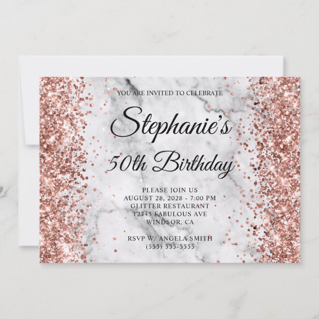 Rose Gold Glitzer Marmor 50. Geburtstag Einladung (Vorderseite)