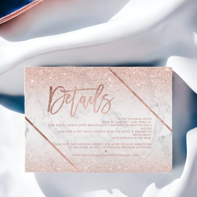 Rose Gold Glitzer Marmor Drehbuch Hochzeitsrichtun Einladung (Rose gold glitter marble script wedding direction invitation)