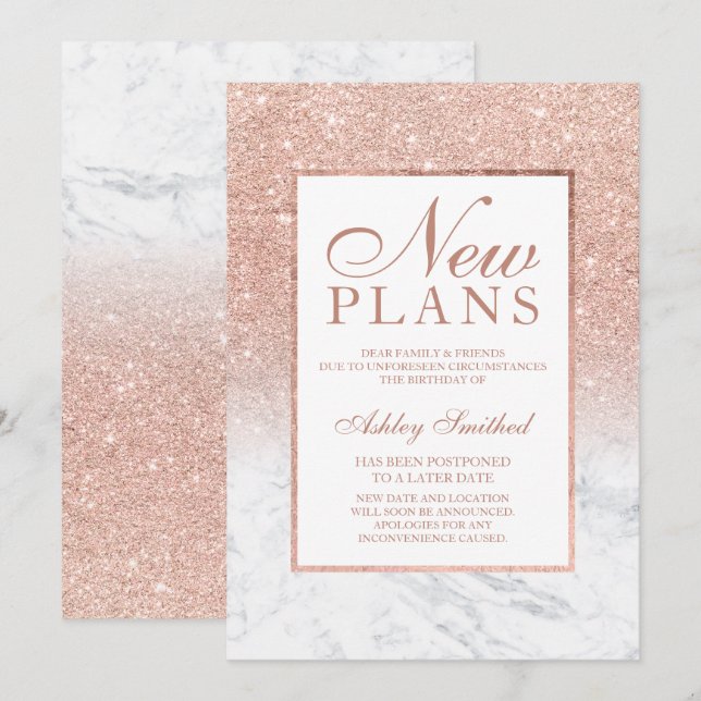 Rose Gold Glitzer Marmor elegante neue Pläne Einladung (Vorne/Hinten)