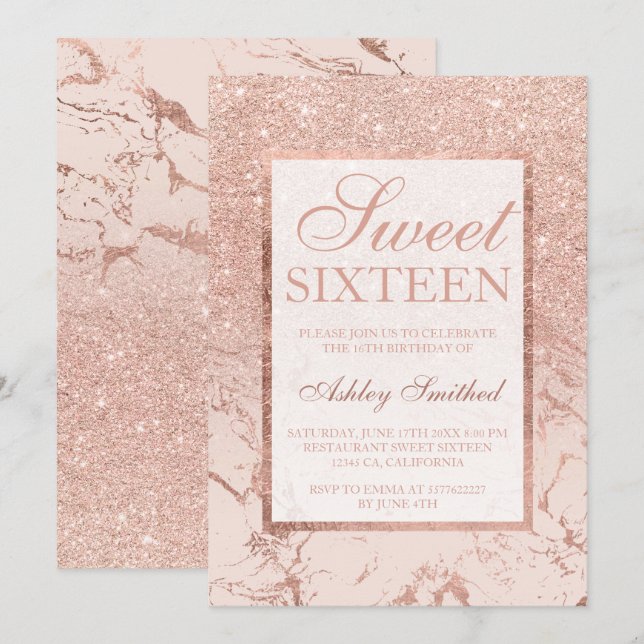 Rose Gold Glitzer Marmor eleganter Chic Sweet 16 Einladung (Vorne/Hinten)