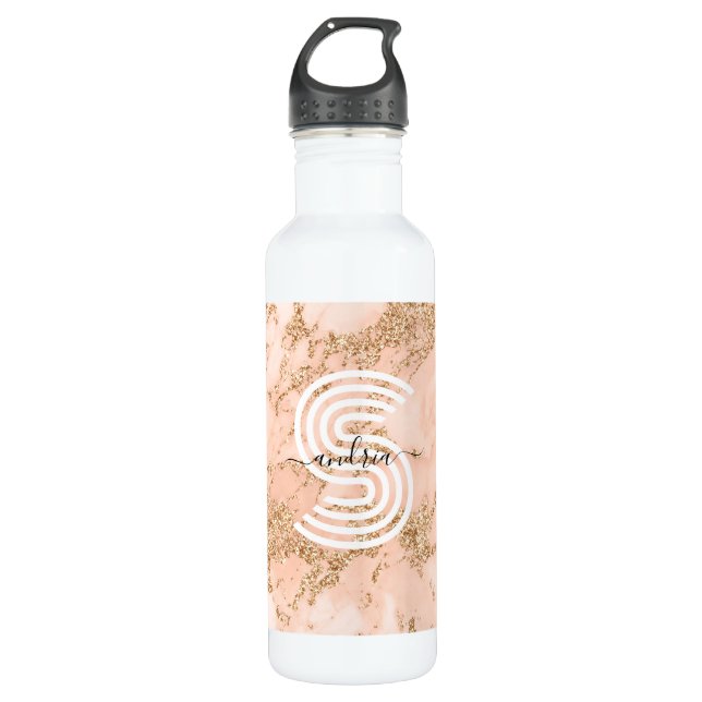 Rose Gold Glitzer Marmor, Skriptname für Monogramm Edelstahlflasche (Vorderseite)