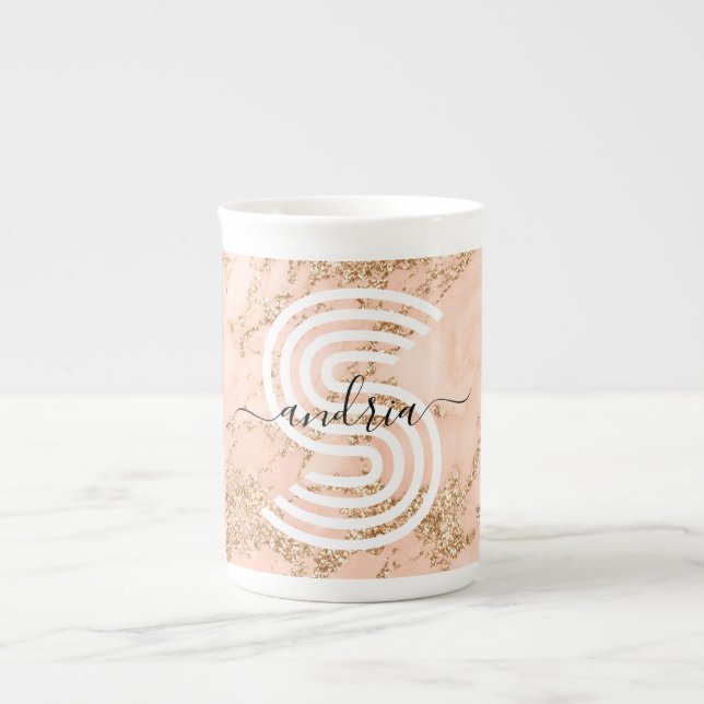 Rose Gold Glitzer Marmor, Skriptname für Monogramm Prozellantasse (Vorderseite)