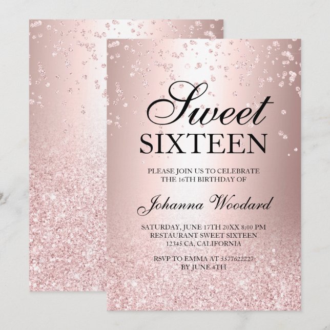 Rose Gold Glitzer Metallische Konfetti Süß 16 Einladung (Vorne/Hinten)