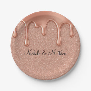 Rose Gold Glitzer & Metallische Tropfen Hochzeit Pappteller