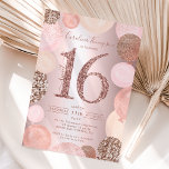Rose Gold Glitzer Metallischer Ballon Sweet 16 Fot Einladung<br><div class="desc">Eine moderne,  schicke und elegante Rose Gold-Sequenzer süße 16 Geburtstagsfeier mit einer modernen 16 Typografie mit Rose-Glitzer-Rosa Ballons mit handgemalten pastellfarbenen Rosa,  Rose Gold Glitzer,  Sequins,  blassrosa Cluster-Ballons mit eleganter Kalligraphie Typografie auf luxuriösen metallisch gebürsteten Folie. Fügen Sie Ihr Foto hinten hinzu. Perfekt für die Prinzessin Thema Sweet 16!</div>