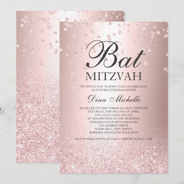 Rose Gold Glitzer metallischer Funken Bat Mitzvah Einladung (Vorne/Hinten)