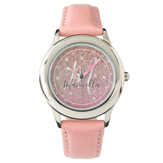 Rose Gold Glitzer Mit Monogramm Girl Pink Armbanduhr (Vorderseite)
