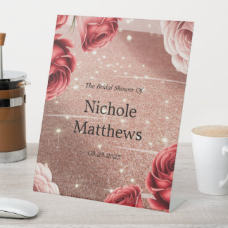 Rose Gold Glitzer mit Rote Rosen Brautparty Sockelschild