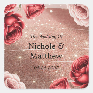 Rose Gold Glitzer mit Rote Rosen Hochzeit Quadratischer Aufkleber