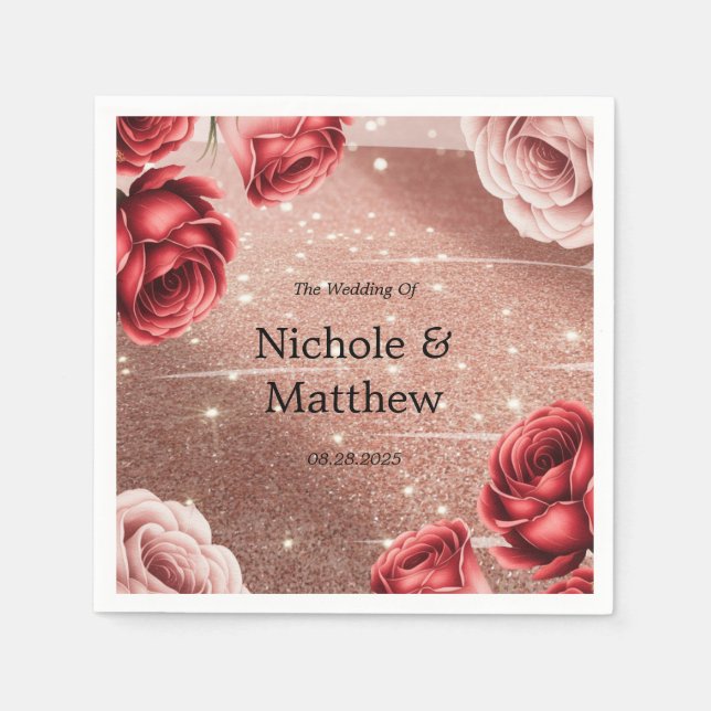 Rose Gold Glitzer mit Rote Rosen Hochzeit Serviette (Vorderseite)