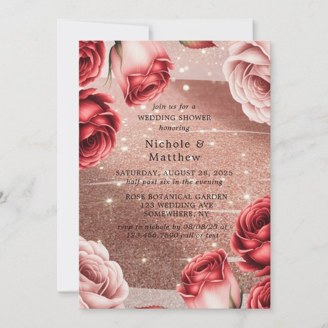 Rose Gold Glitzer mit Rote Rosen Polterabend Einladung (Vorderseite)