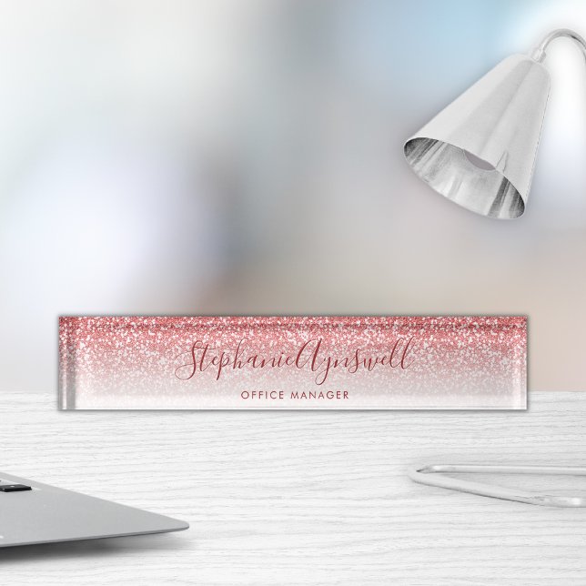 Rose Gold Glitzer Modernes Ombre Script Namensplakette (Von Creator hochgeladen)