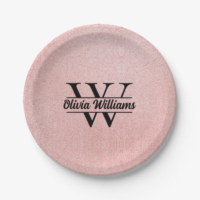 Rose Gold Glitzer Monogram | Girly Modern Sparkle Pappteller (Vorderseite)