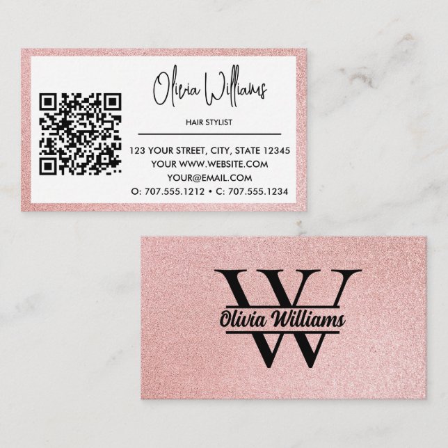Rose Gold Glitzer Monogram | Girly Modern Sparkle Visitenkarte (Vorne/Hinten)