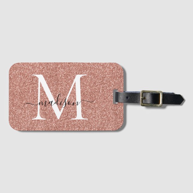 Rose Gold Glitzer Monogram Girly Script Sparkle Gepäckanhänger (Vorderseite (Horizontal))