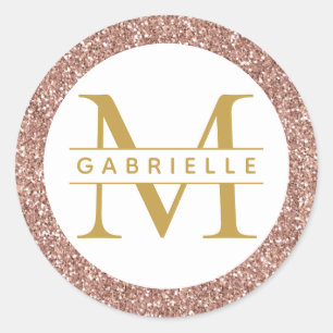 Rose Gold Glitzer Monogram Günstige Beschriftung Runder Aufkleber