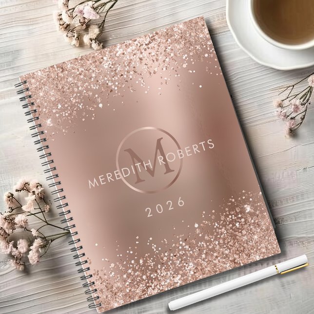 Rose Gold Glitzer Monogram Name 2026 Planer (Rose Gold Foil Blush Glitter Monogram Name 2026 Planner)