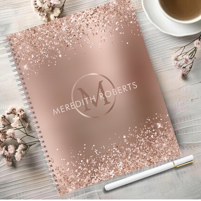 Rose Gold Glitzer Monogram Name Notizbuch (Rose Gold Foil Blush Glitter Monogram Name Notebook 8.5x11)