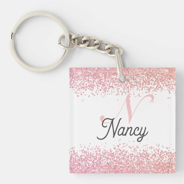 Rose Gold Glitzer Monogram Name Schlüsselanhänger (Vorderseite)