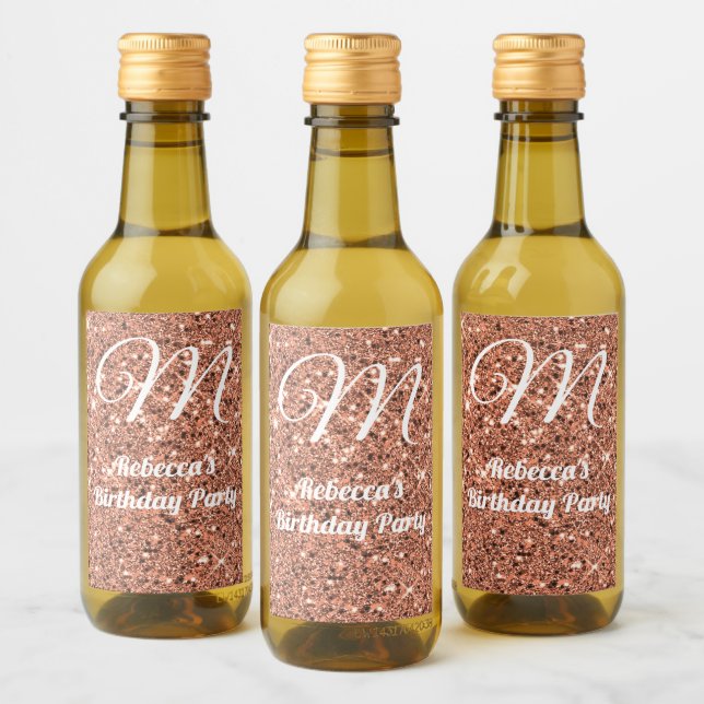 Rose Gold Glitzer Monogramm Gastgeschenk Mini Flas Weinetikett (Flaschen)