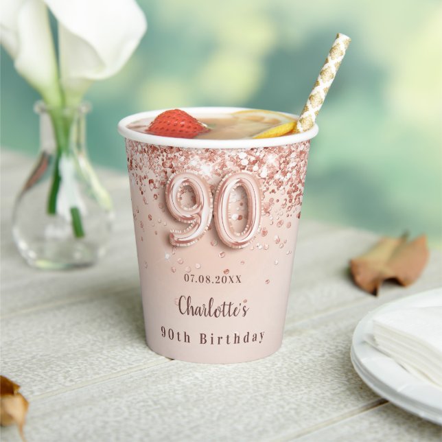 Rose Gold Glitzer Monogramm Name des 90. Geburtsta Pappbecher (In Situ)