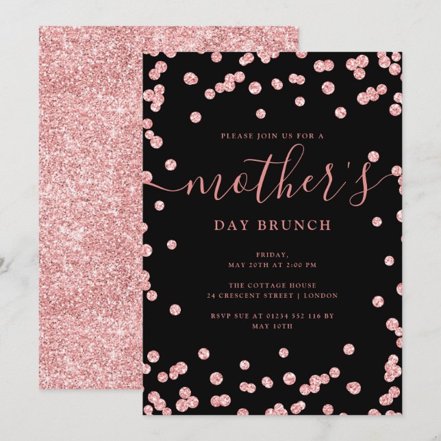 Rose Gold Glitzer Muttertag Brunch Black Einladung (Vorne/Hinten)
