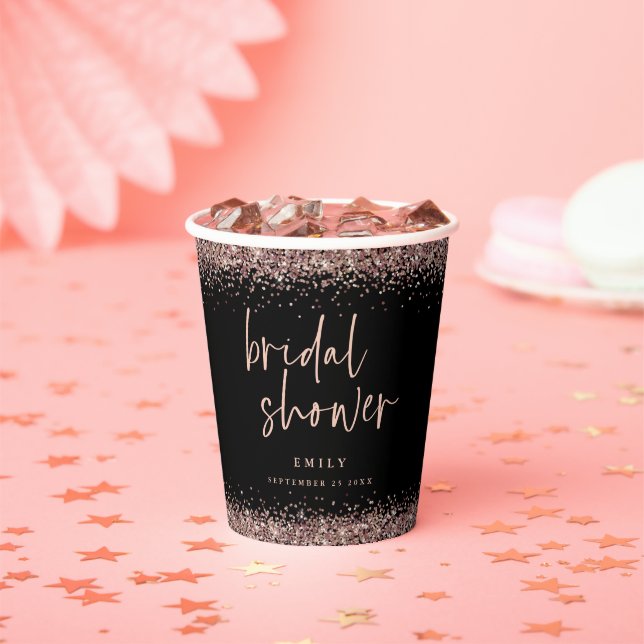 Rose Gold Glitzer Name Brautparty Schwarz Pappbecher (Insitu)