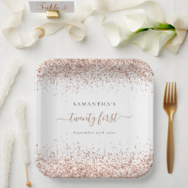 Rose Gold Glitzer Name Datum 21. Geburtstag Party Pappteller