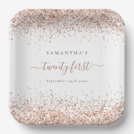 Rose Gold Glitzer Name Datum 21. Geburtstag Party Pappteller