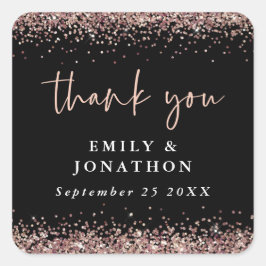 Rose Gold Glitzer Name Datum Hochzeit Black Danke Quadratischer Aufkleber