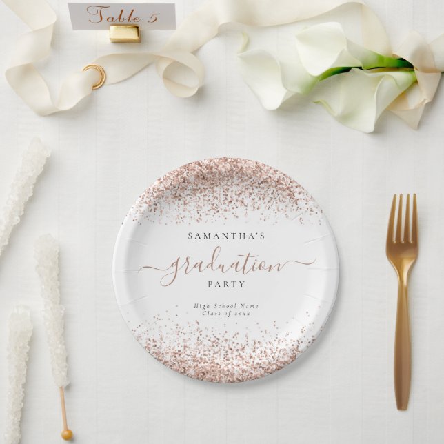 Rose Gold Glitzer Name Graduation Party Pappteller (Hochzeit)