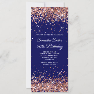 Rose Gold Glitzer Navy 50. Geburtstag Einladung